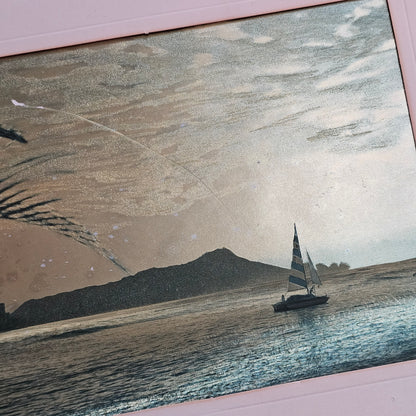 Vintage Dufex Print - Sailing Boat at Diamond Head Crater
