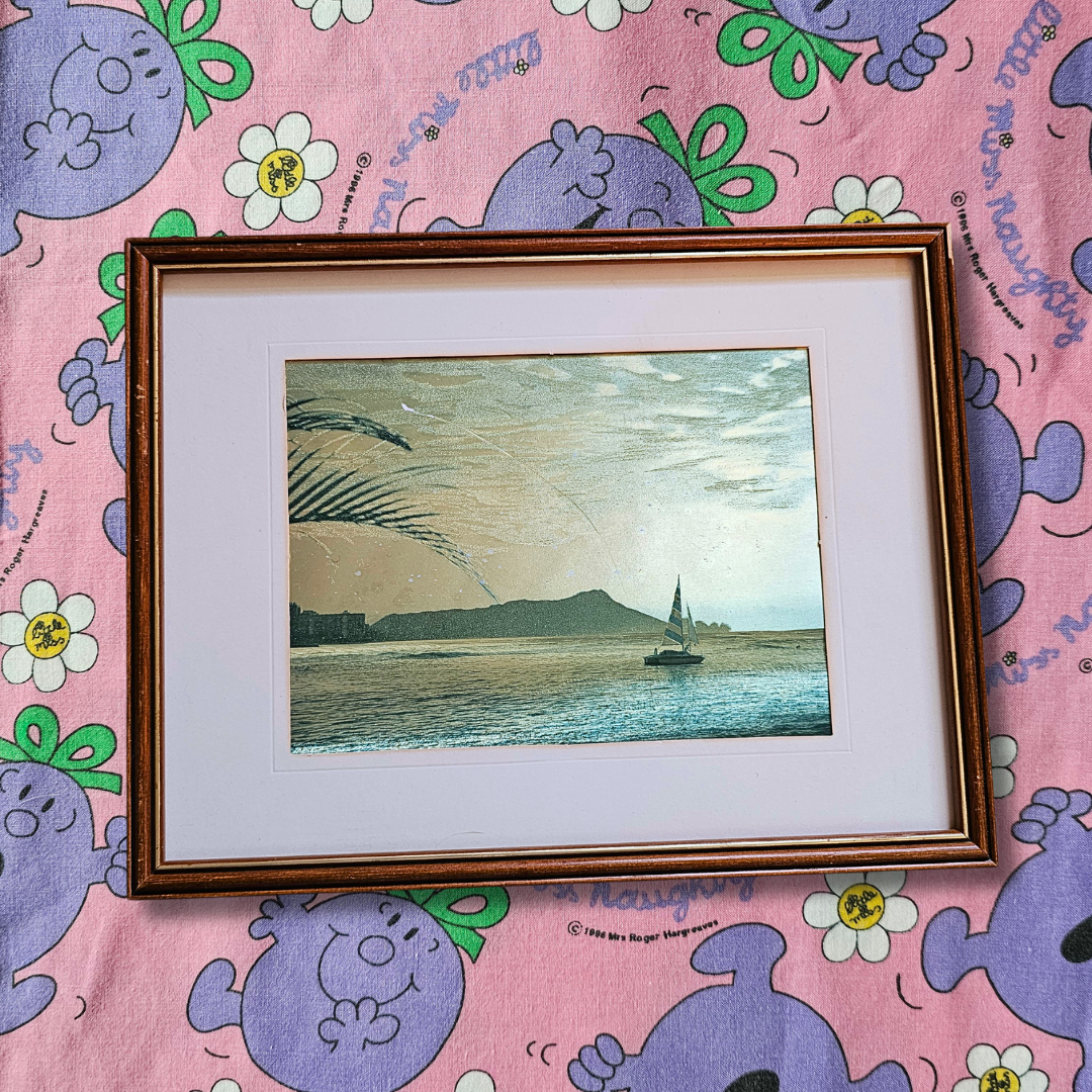 Vintage Dufex Print - Sailing Boat at Diamond Head Crater